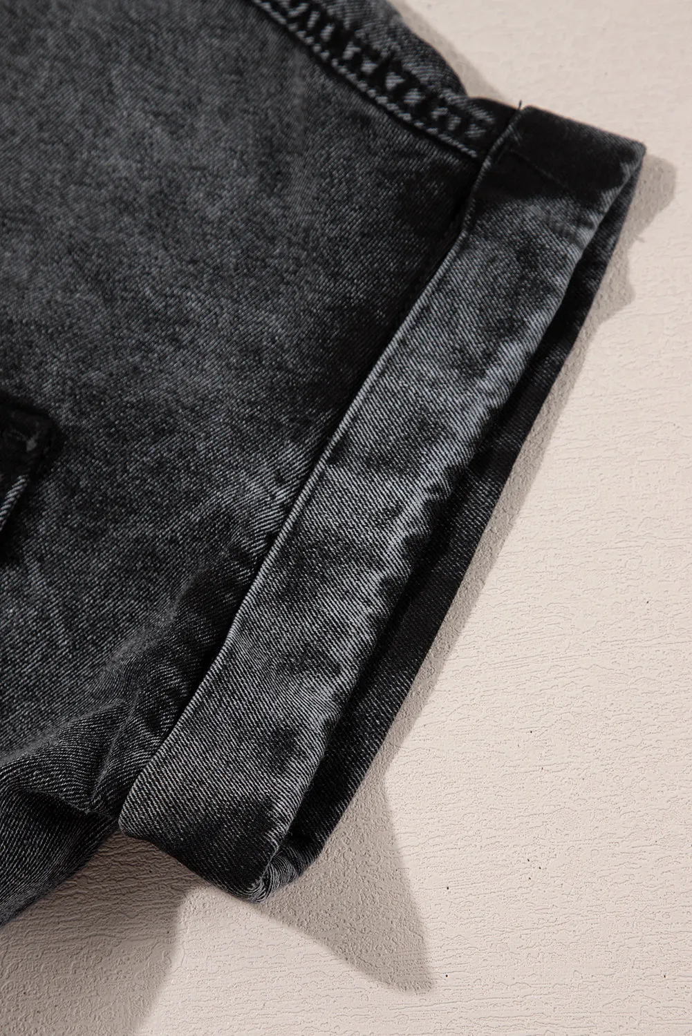 Black Short Sleeve Flap Pocket Button Up Raw Hem Denim Shirt