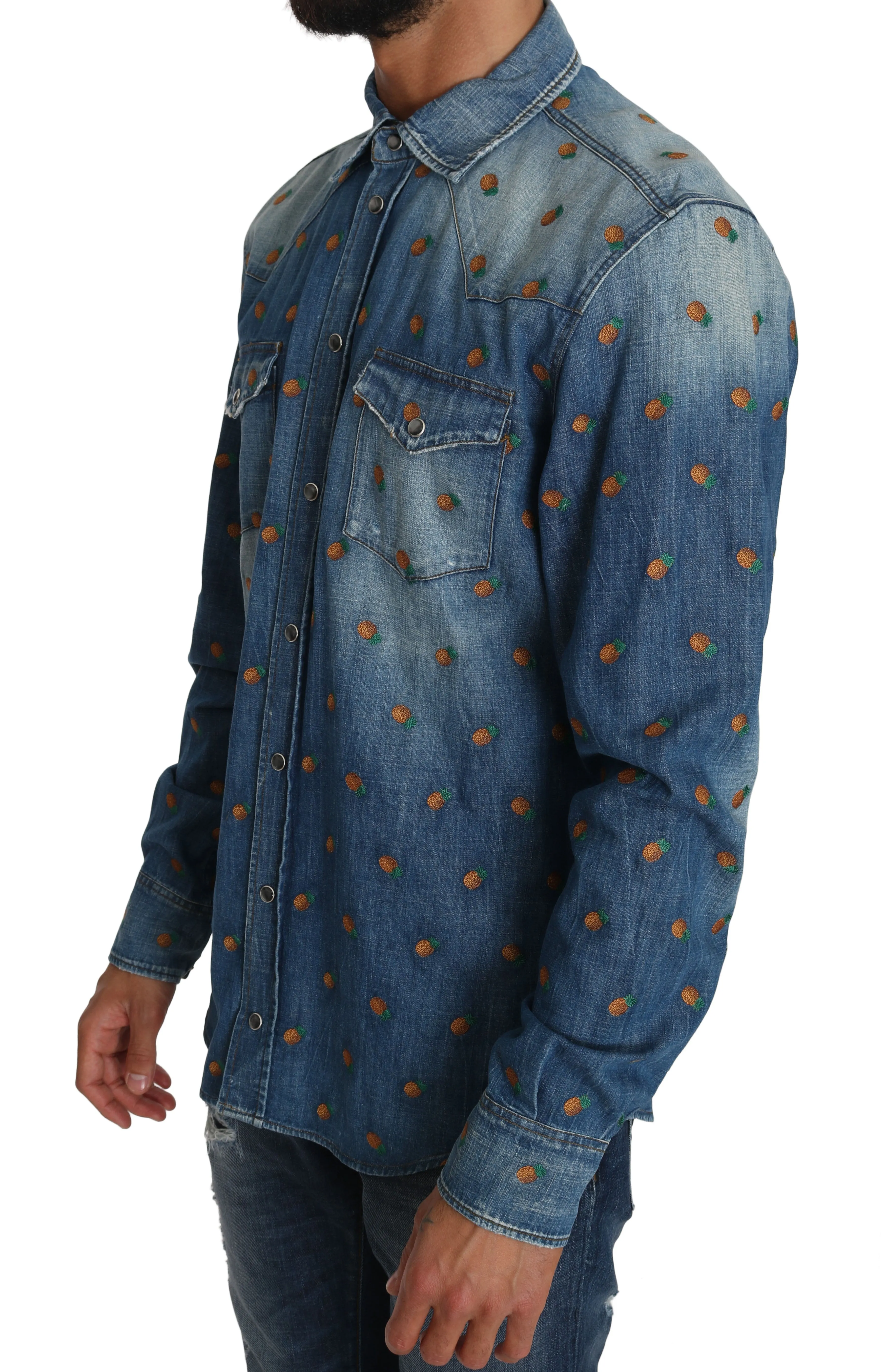 Blue Cotton Denim Pineapple Shirt