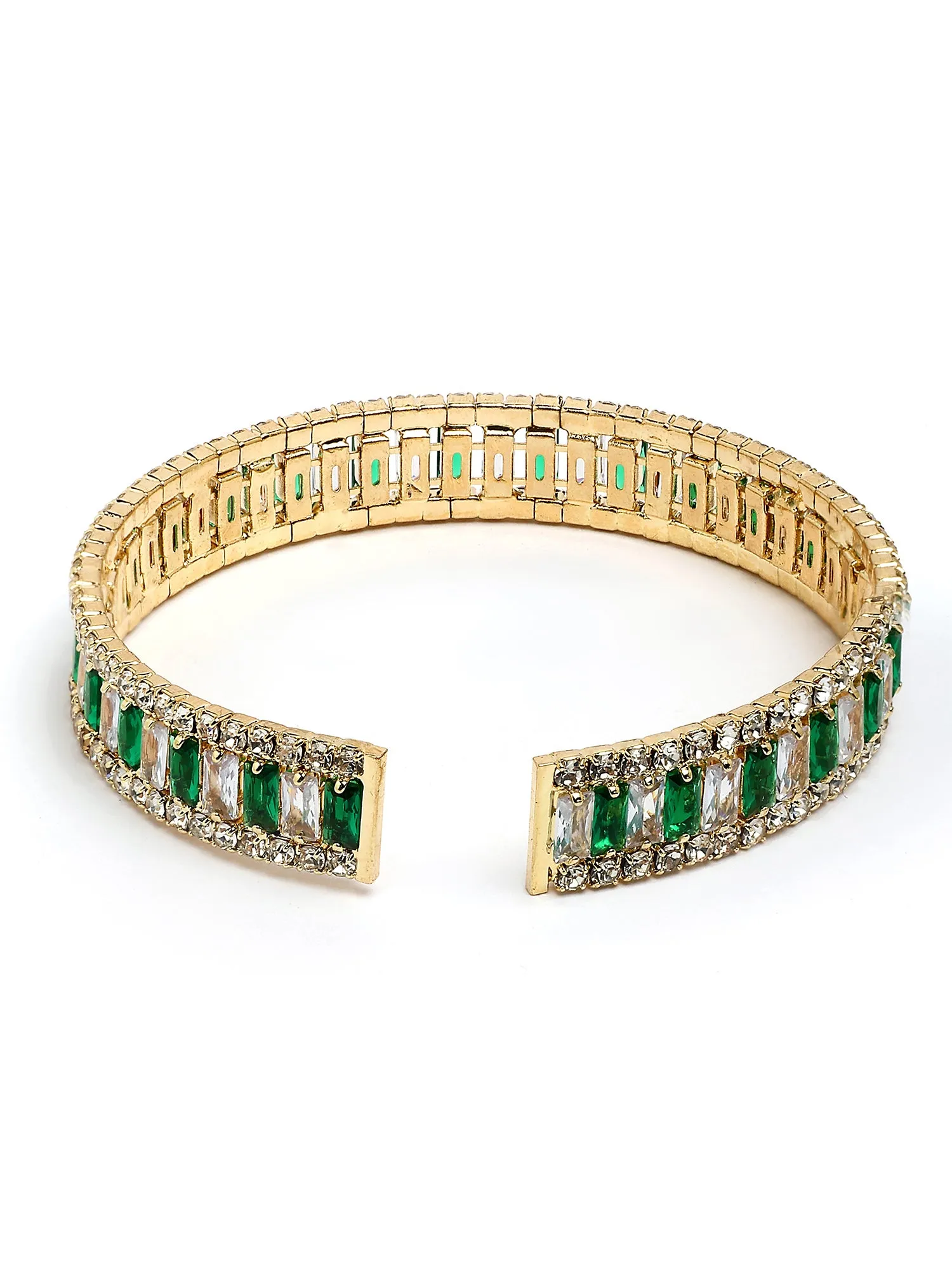 Bohey by KARATCART Gold-Plated Green and White Cubic Zirconia Studded Cuff Bracelet for Women