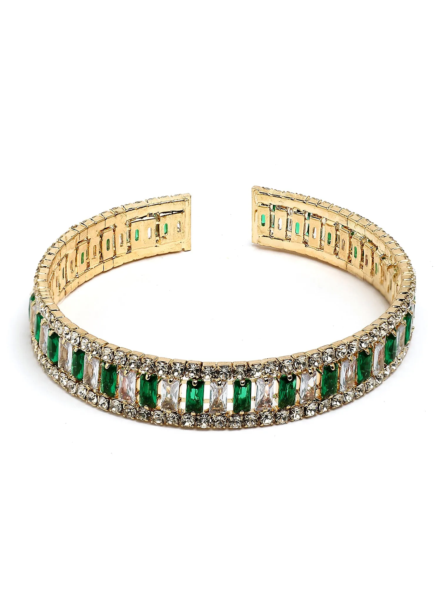 Bohey by KARATCART Gold-Plated Green and White Cubic Zirconia Studded Cuff Bracelet for Women