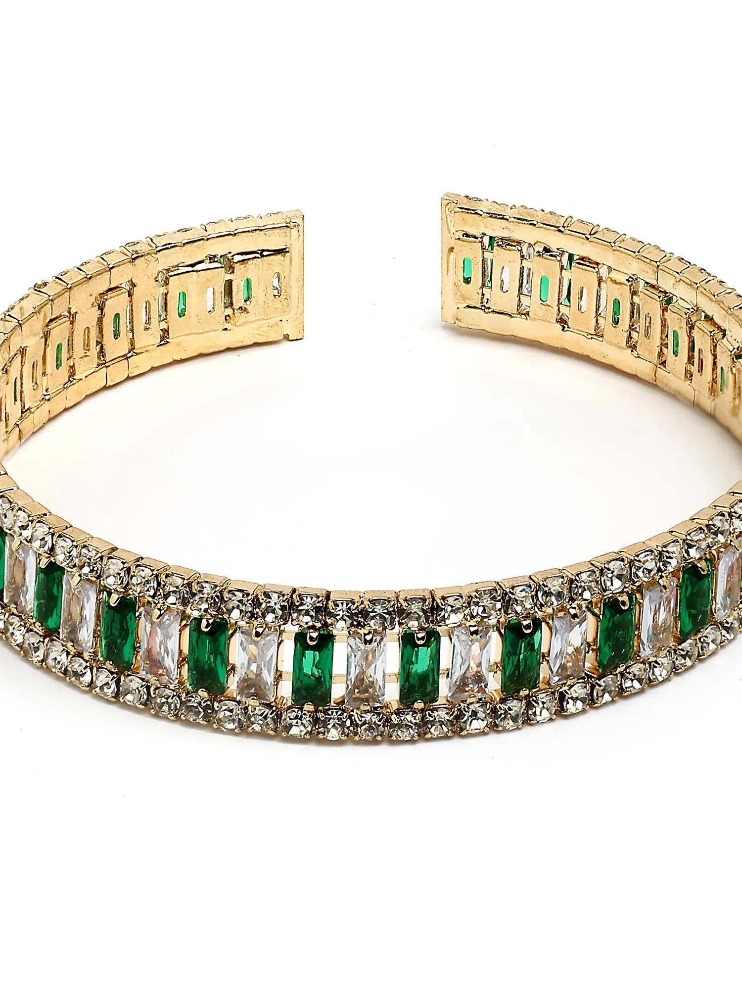 Bohey by KARATCART Gold-Plated Green and White Cubic Zirconia Studded Cuff Bracelet for Women