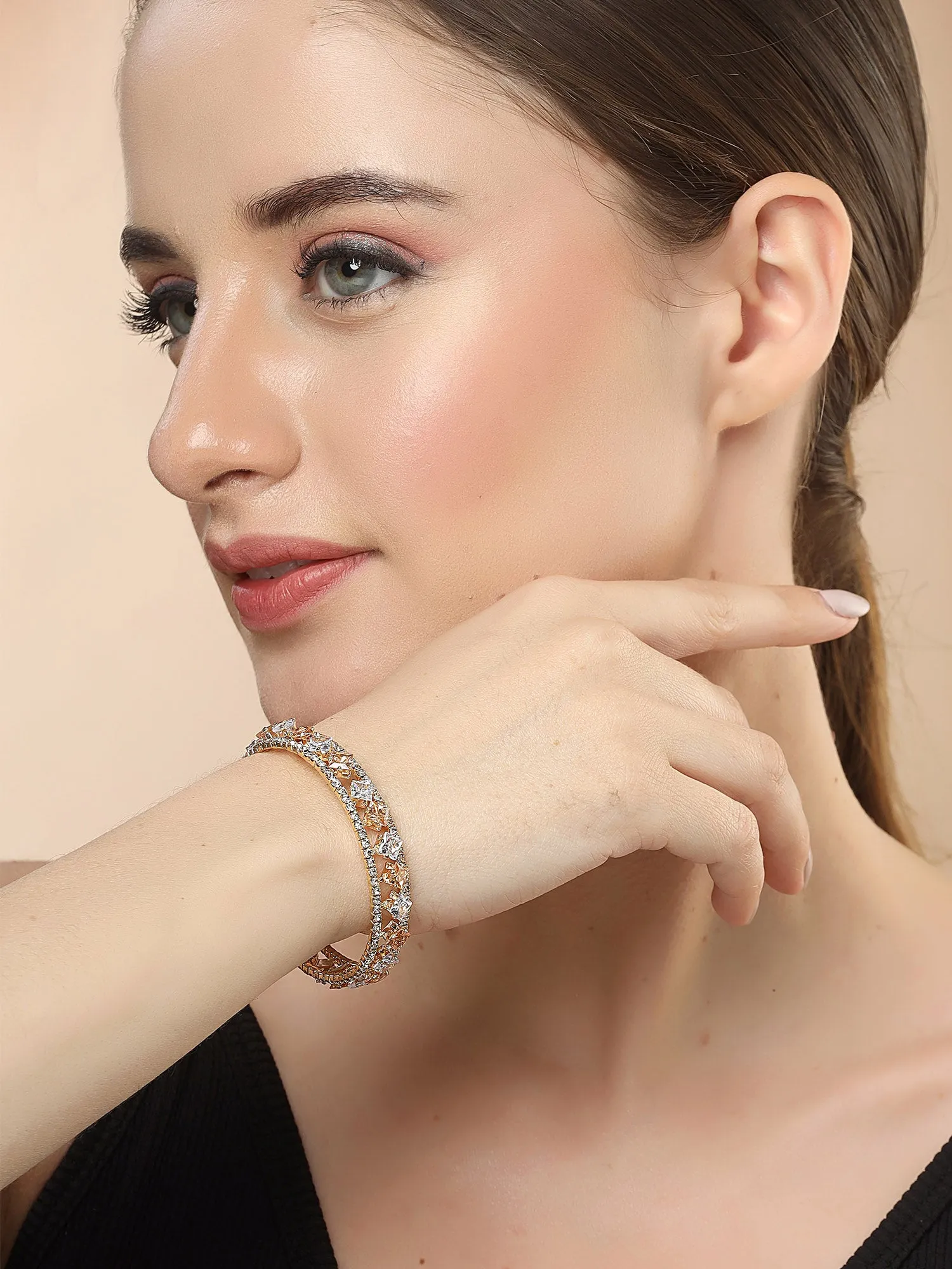 Bohey by KARATCART Gold-Plated White Cubic Zirconia Studded Cuff Bracelet for Women