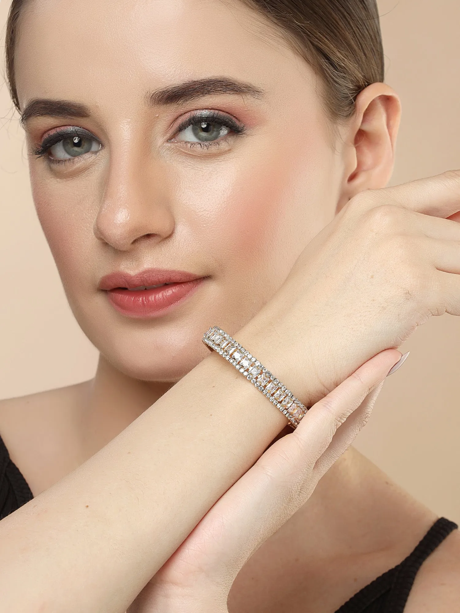 Bohey by KARATCART Gold-Plated White Cubic Zirconia Studded Cuff Bracelet for Women