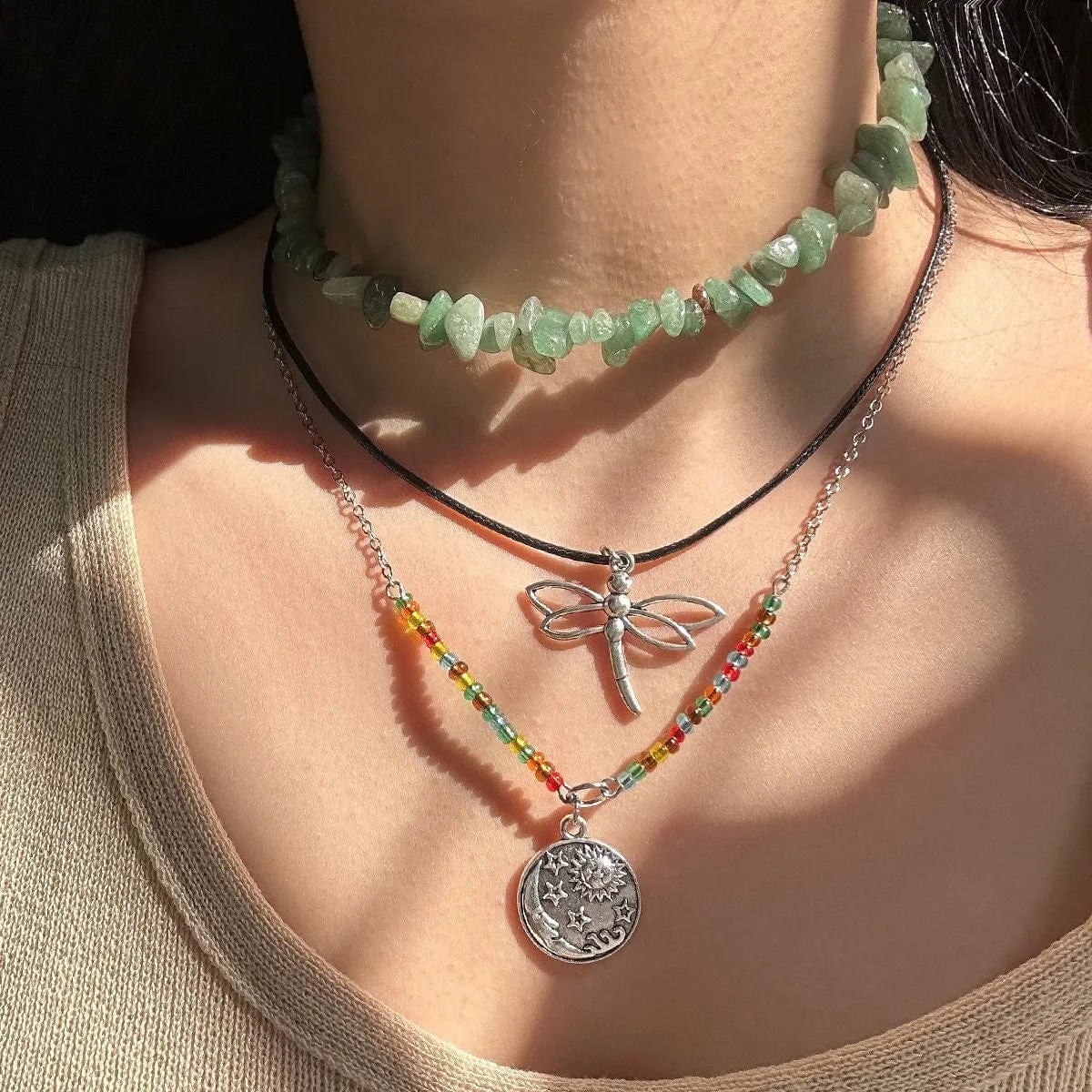 Boho Layered Round Disk Dragonfly Pendant Turquoise Stone Seed Bead Choker Necklace Set
