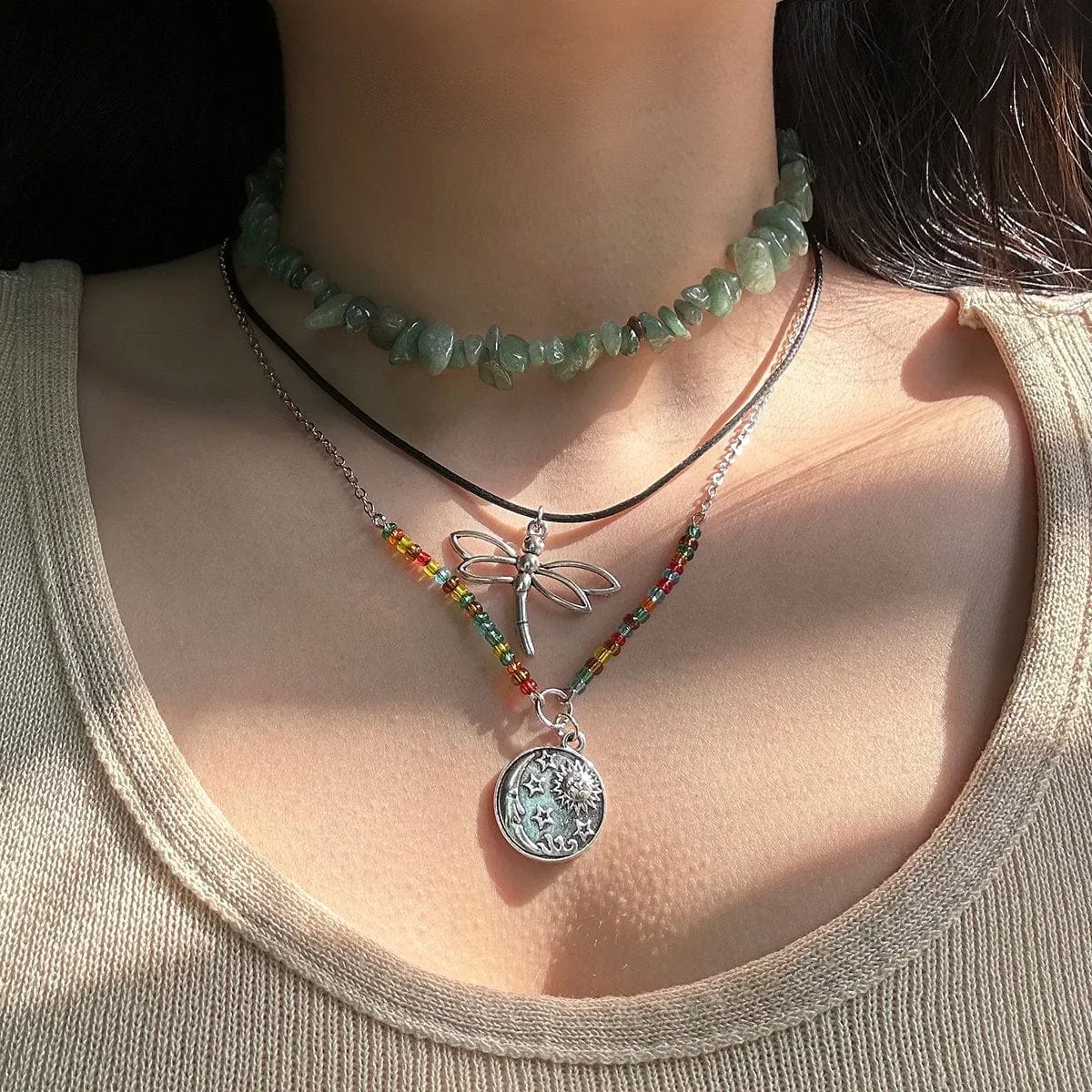 Boho Layered Round Disk Dragonfly Pendant Turquoise Stone Seed Bead Choker Necklace Set