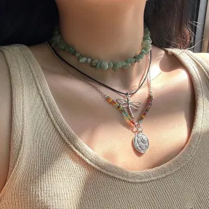 Boho Layered Round Disk Dragonfly Pendant Turquoise Stone Seed Bead Choker Necklace Set