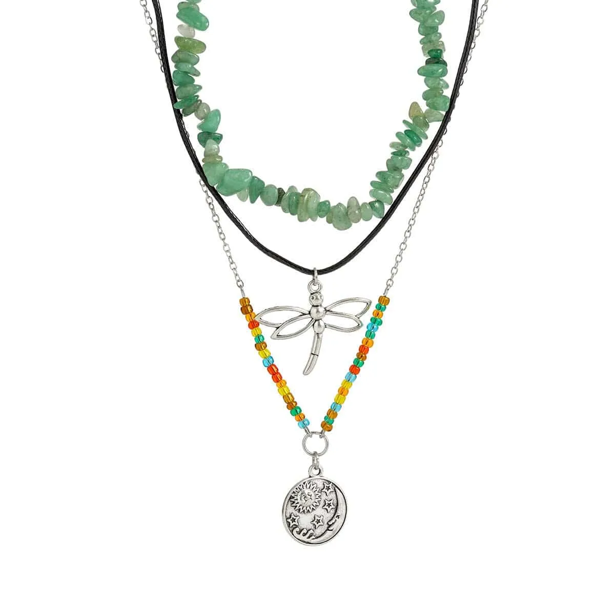 Boho Layered Round Disk Dragonfly Pendant Turquoise Stone Seed Bead Choker Necklace Set