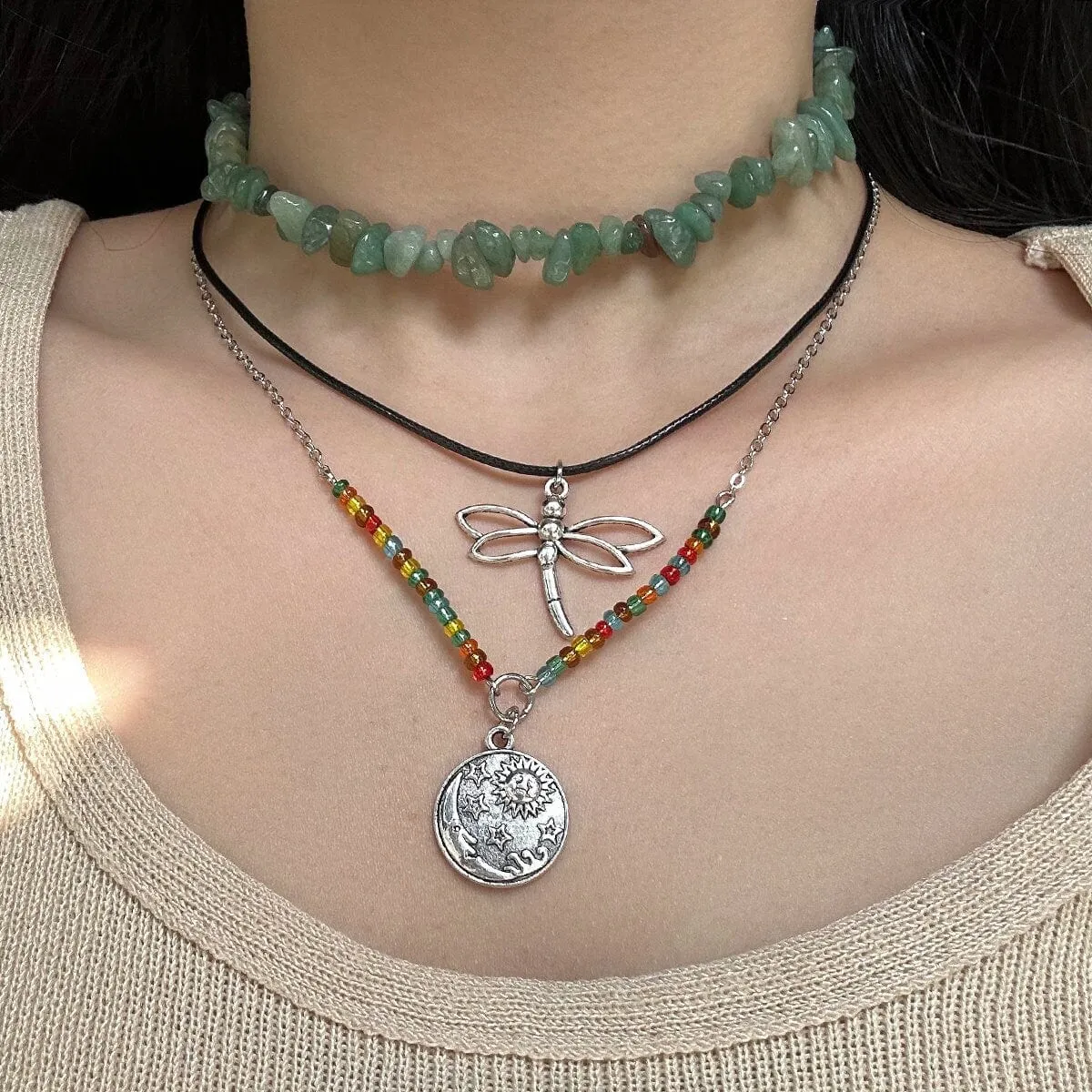 Boho Layered Round Disk Dragonfly Pendant Turquoise Stone Seed Bead Choker Necklace Set