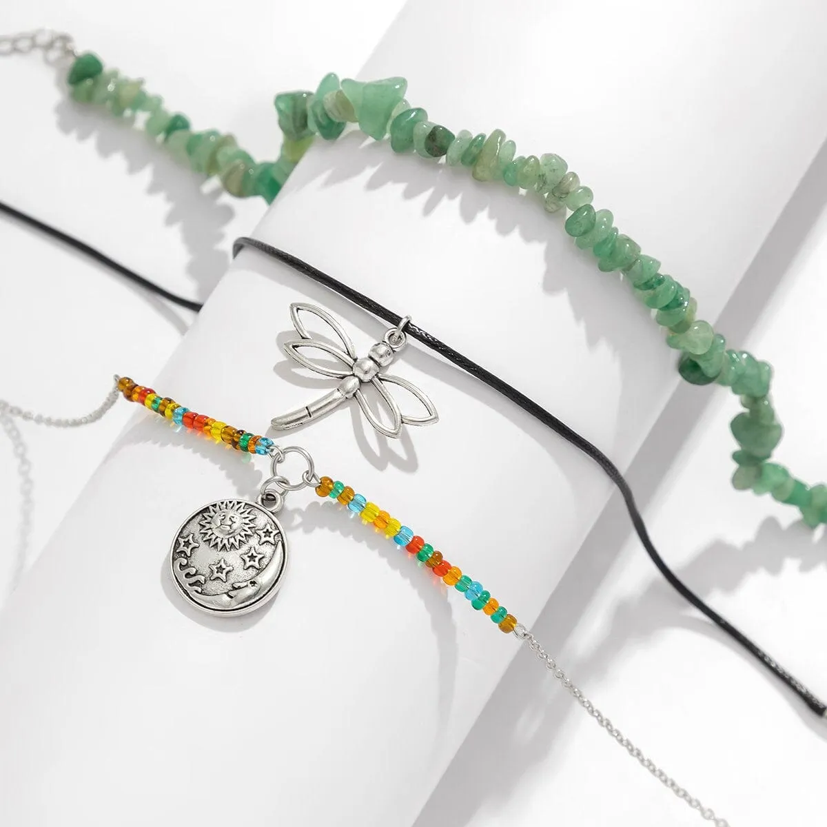 Boho Layered Round Disk Dragonfly Pendant Turquoise Stone Seed Bead Choker Necklace Set