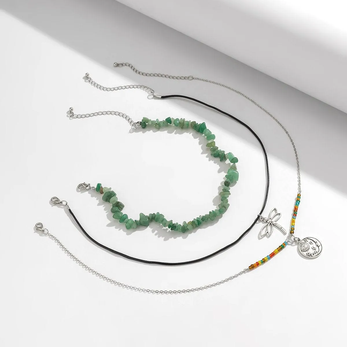 Boho Layered Round Disk Dragonfly Pendant Turquoise Stone Seed Bead Choker Necklace Set