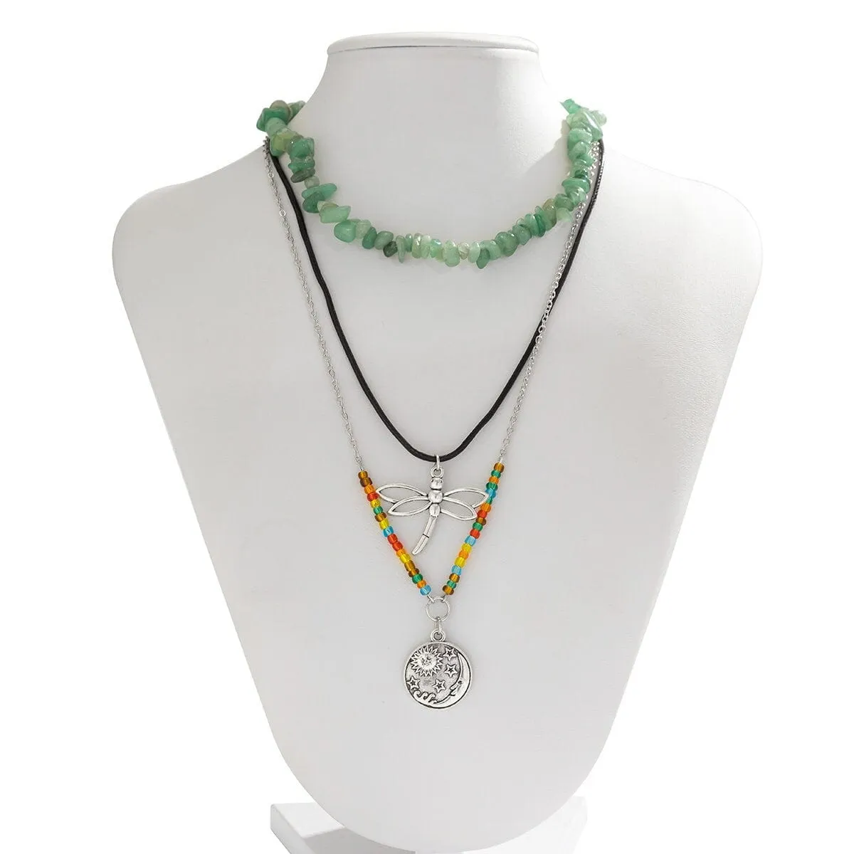 Boho Layered Round Disk Dragonfly Pendant Turquoise Stone Seed Bead Choker Necklace Set