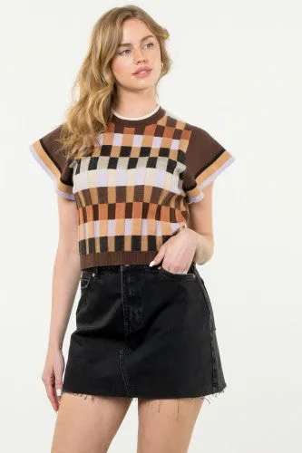 Brown Textured Knit Rectangle Mix Print