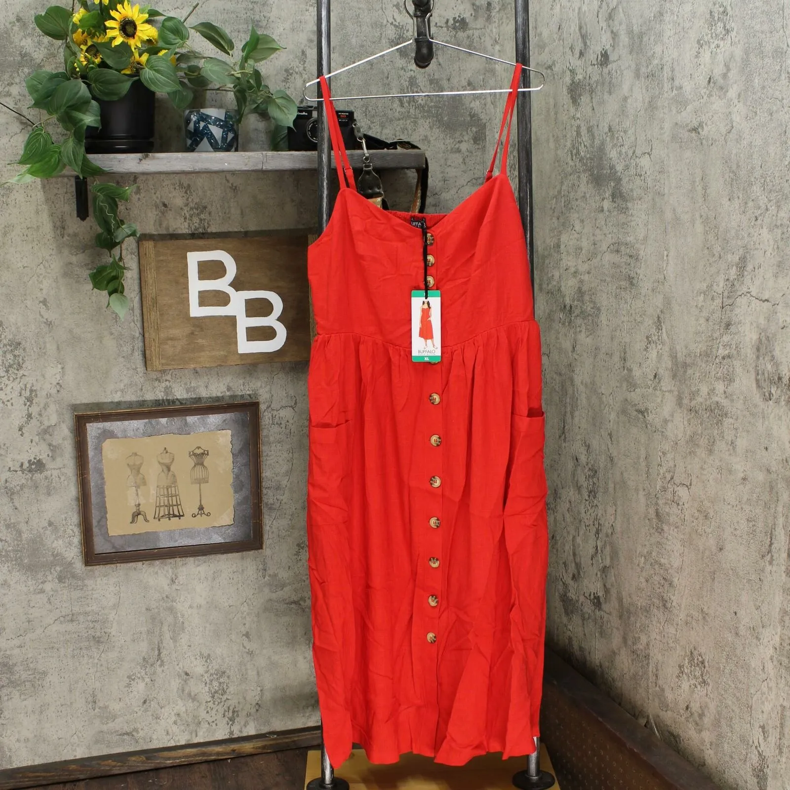 Buffalo Women's Shirred Back Adjustable Strip Linen Blend Sundress