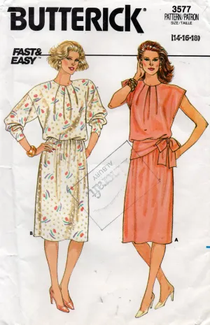 Butterick 3577 Womens EASY Blouson Dress with Pleated Neckline 1980s Vintage Sewing Pattern Size 14 - 18