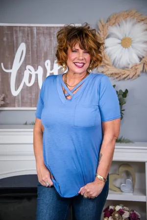 Casual Fashion Denim Blue Solid Front Crisscross Top - T6609DBL