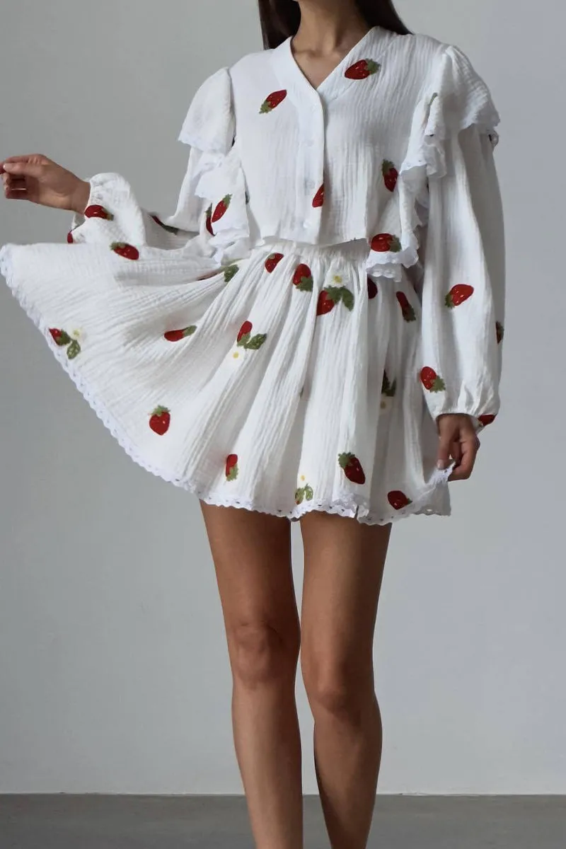 Casual Print Flounce V Neck Long Sleeve Two Pieces