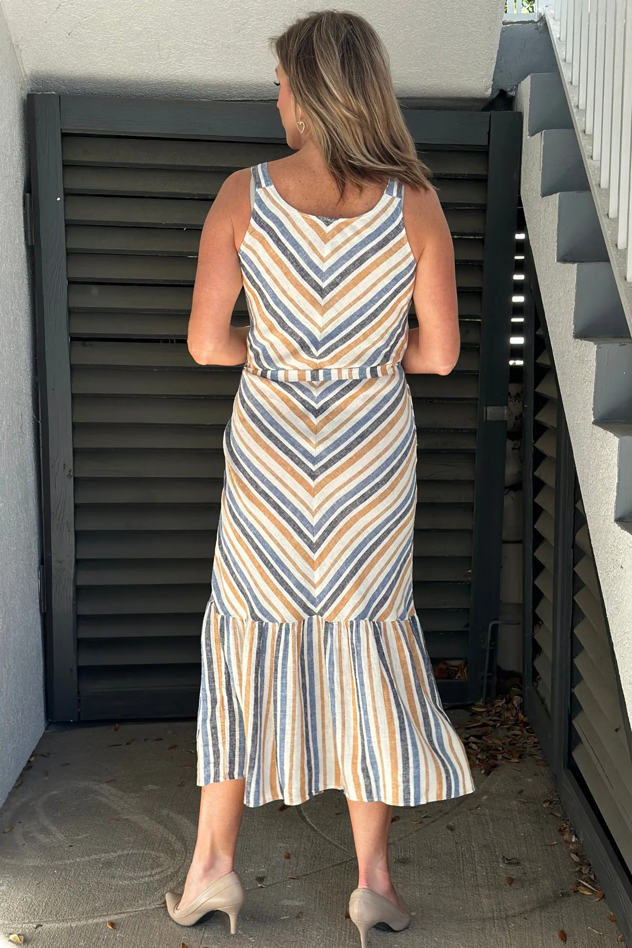 Charlie B Denim Striped Linen Blend Maxi Dress