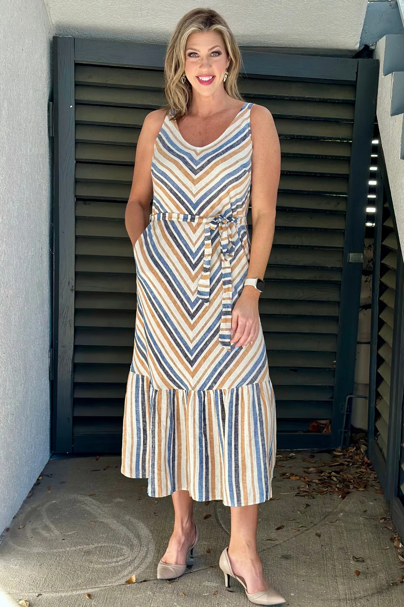 Charlie B Denim Striped Linen Blend Maxi Dress