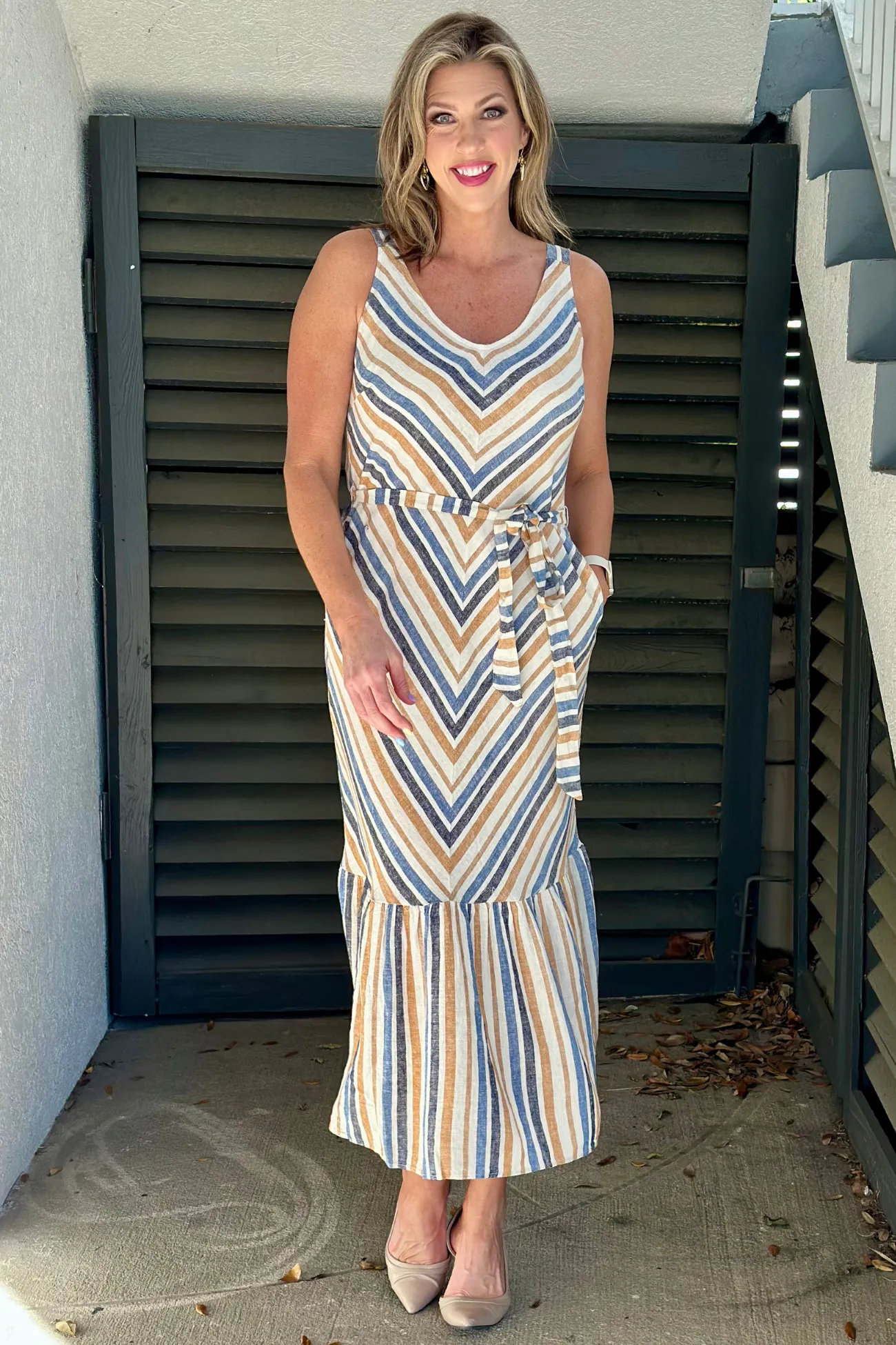 Charlie B Denim Striped Linen Blend Maxi Dress
