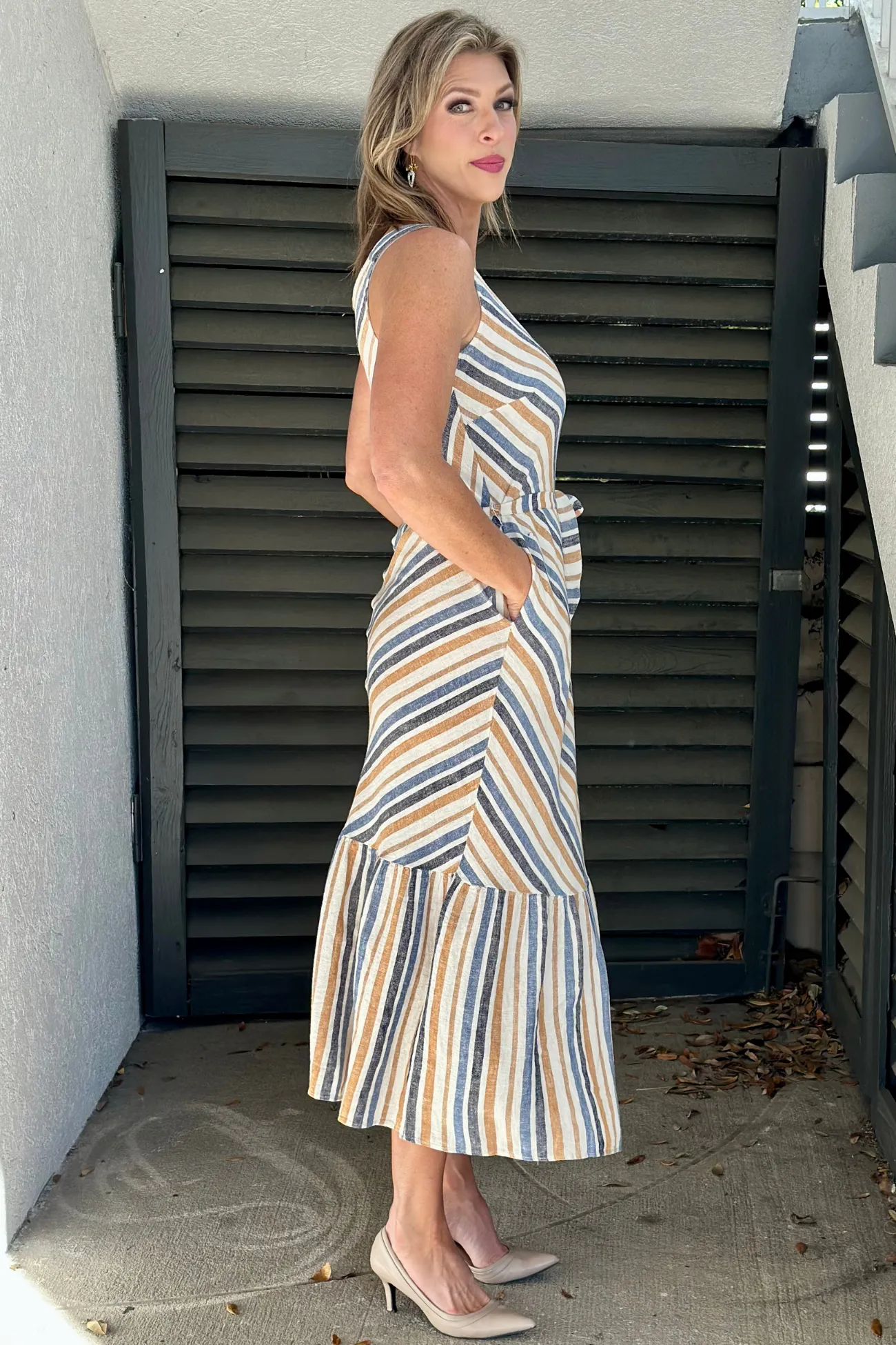 Charlie B Denim Striped Linen Blend Maxi Dress