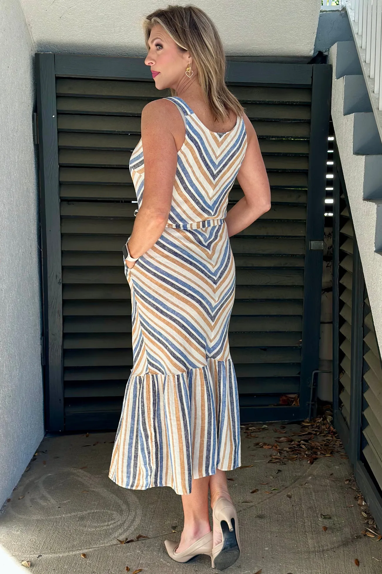 Charlie B Denim Striped Linen Blend Maxi Dress