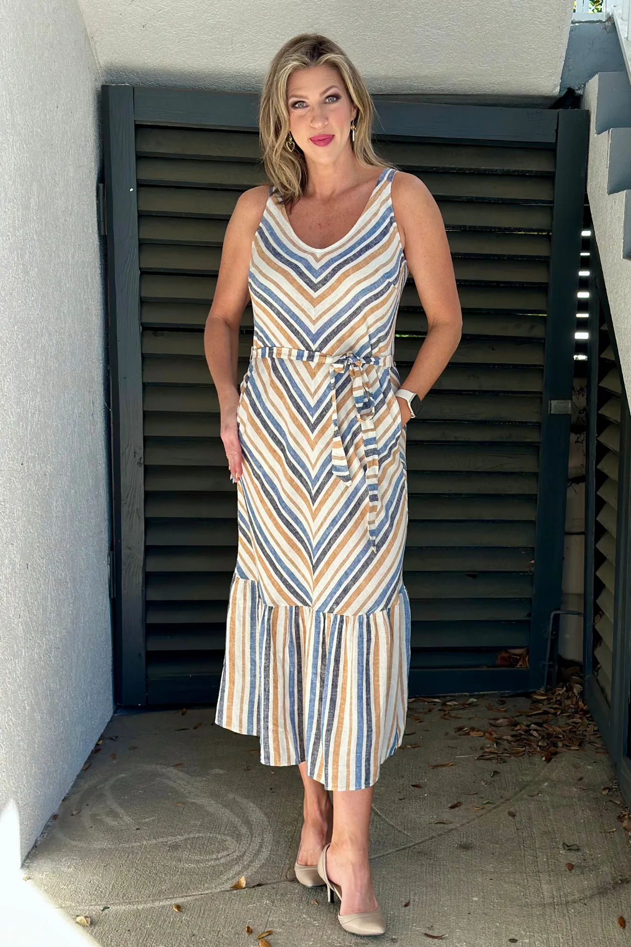 Charlie B Denim Striped Linen Blend Maxi Dress