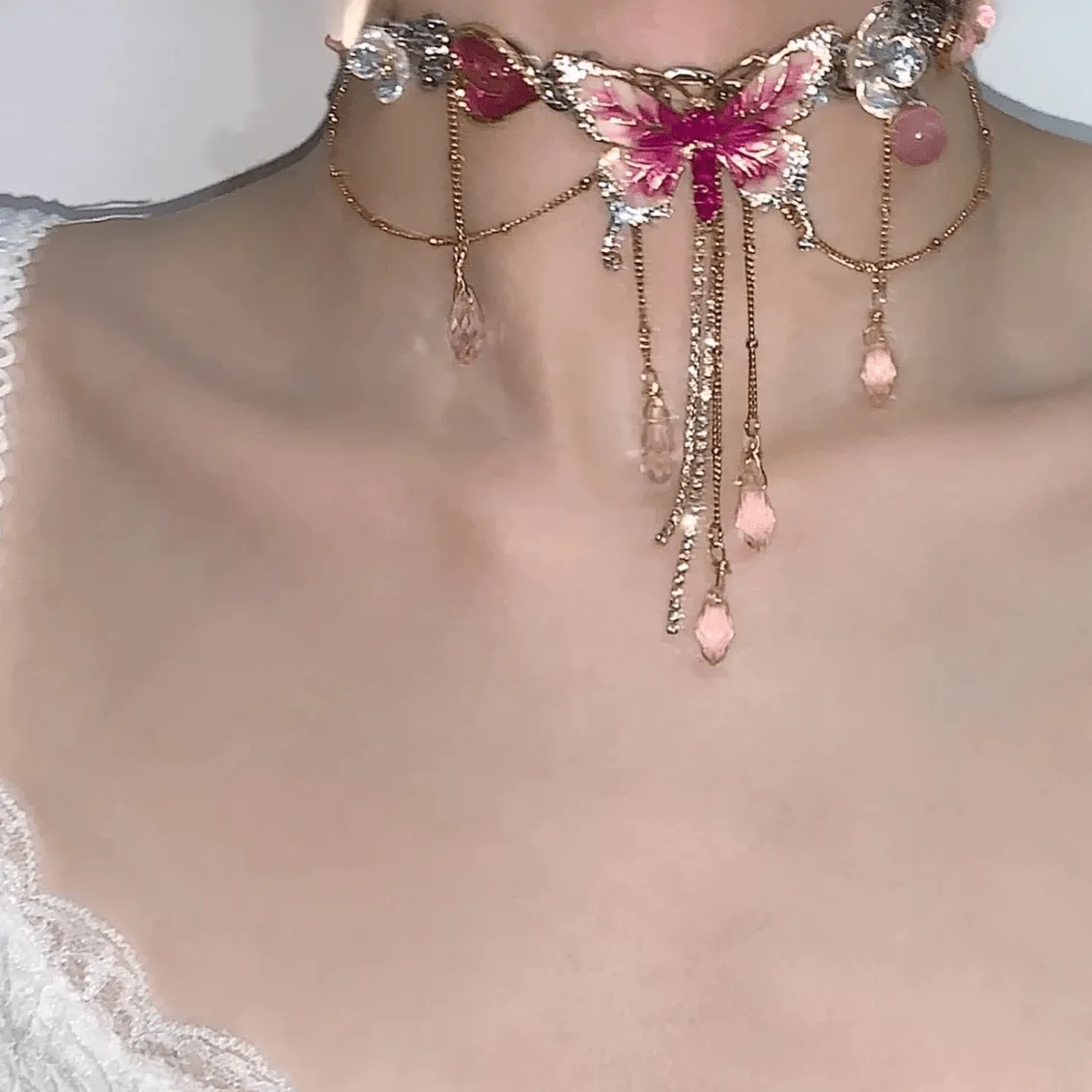 Chic Layered CZ Inliad Enamel Butterfly Crystal Tassel Choker Necklace
