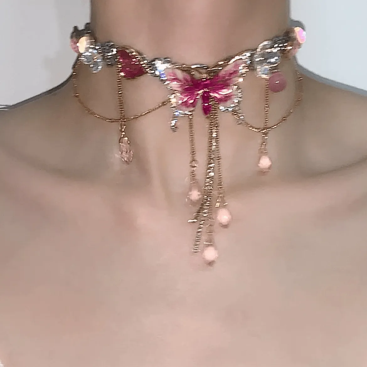 Chic Layered CZ Inliad Enamel Butterfly Crystal Tassel Choker Necklace