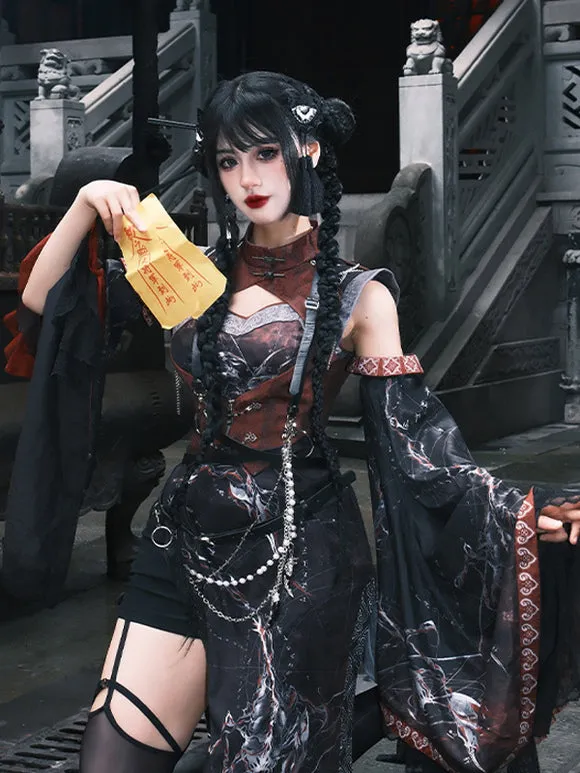 Chinese Style Lolita Dress Criss-Cross Long Sleeves Polyester Chinese Style Animal Print Black Red Chinese Style Lolita