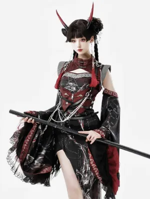 Chinese Style Lolita Dress Criss-Cross Long Sleeves Polyester Chinese Style Animal Print Black Red Chinese Style Lolita