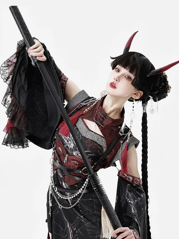 Chinese Style Lolita Dress Criss-Cross Long Sleeves Polyester Chinese Style Animal Print Black Red Chinese Style Lolita