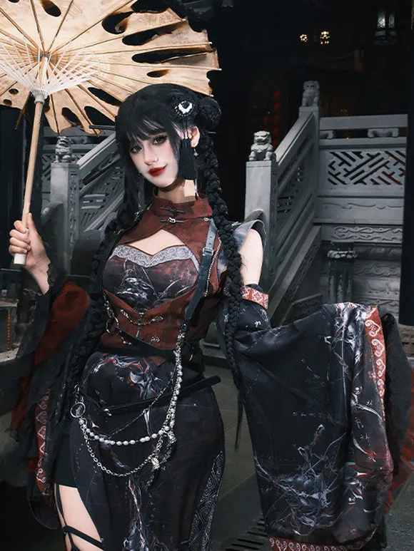 Chinese Style Lolita Dress Criss-Cross Long Sleeves Polyester Chinese Style Animal Print Black Red Chinese Style Lolita