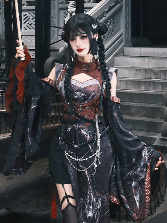 Chinese Style Lolita Dress Criss-Cross Long Sleeves Polyester Chinese Style Animal Print Black Red Chinese Style Lolita