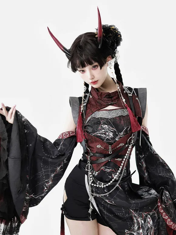 Chinese Style Lolita Dress Criss-Cross Long Sleeves Polyester Chinese Style Animal Print Black Red Chinese Style Lolita