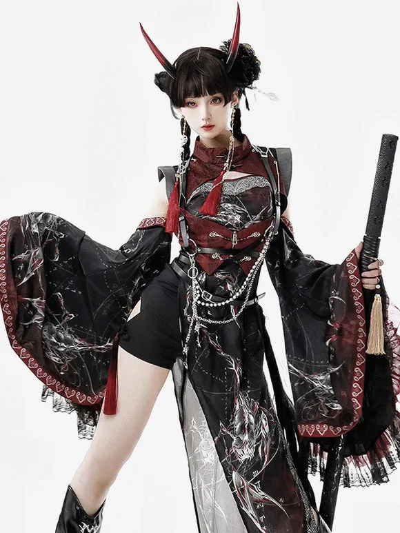 Chinese Style Lolita Dress Criss-Cross Long Sleeves Polyester Chinese Style Animal Print Black Red Chinese Style Lolita