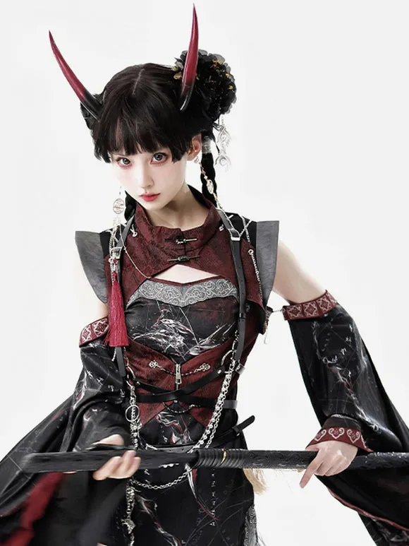 Chinese Style Lolita Dress Criss-Cross Long Sleeves Polyester Chinese Style Animal Print Black Red Chinese Style Lolita