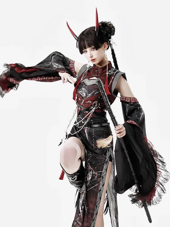 Chinese Style Lolita Dress Criss-Cross Long Sleeves Polyester Chinese Style Animal Print Black Red Chinese Style Lolita