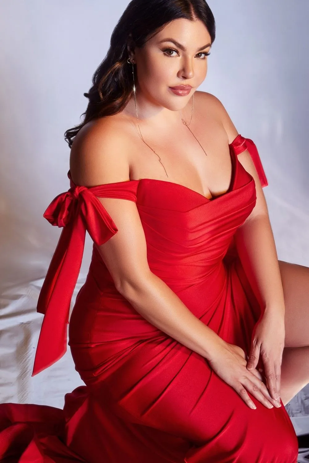 CLEARANCE - Ladivine CD943C Long Fitted Stretch Jersey Formal Dress Off Shoulder (Size 24