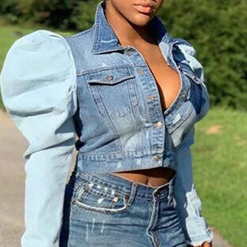 Colorblock Pocket Buttoned Puff Sleeve Denim Coat