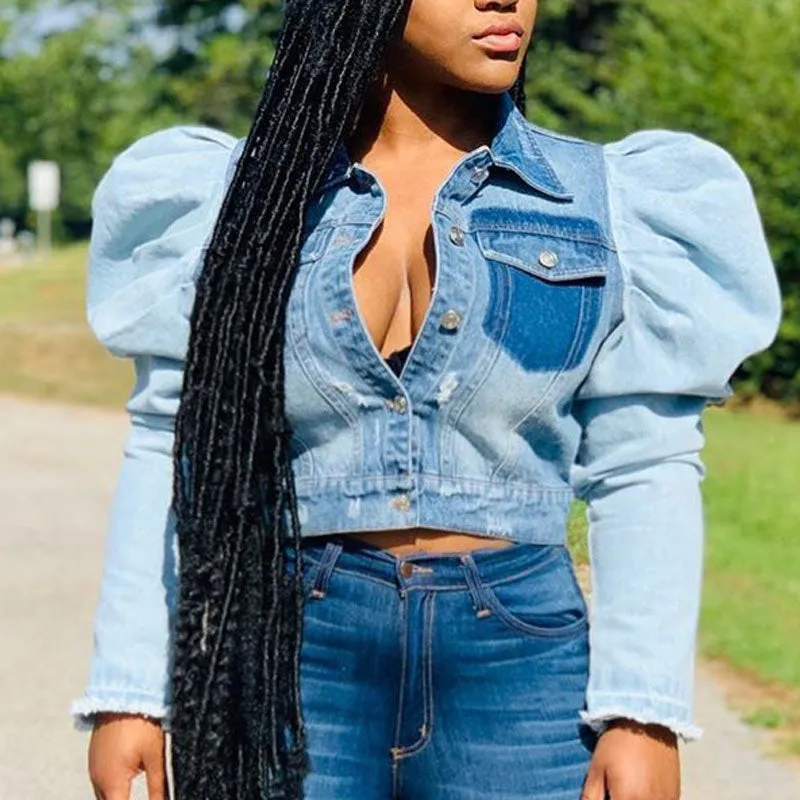 Colorblock Pocket Buttoned Puff Sleeve Denim Coat
