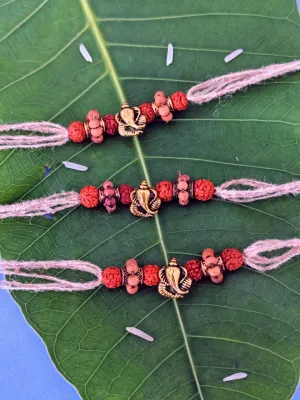 COMBO of 3 Rakhi Design Ganesha with Rudraksha/Tulsi Beads Pendant Mauli Thread For Raksha Bandhan