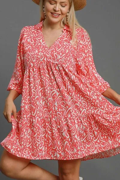 Coral Color Two Tone Print Balloon Sleeve Tiered Dress