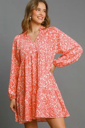 Coral Color Two Tone Print Balloon Sleeve Tiered Dress