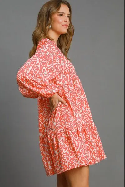 Coral Color Two Tone Print Balloon Sleeve Tiered Dress
