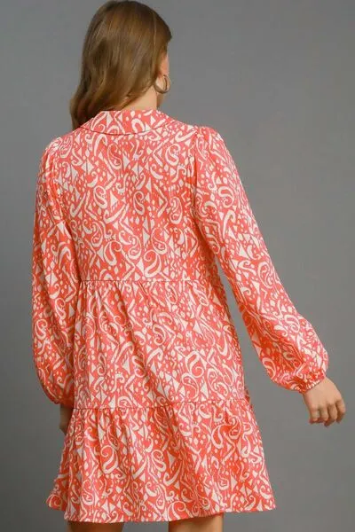 Coral Color Two Tone Print Balloon Sleeve Tiered Dress