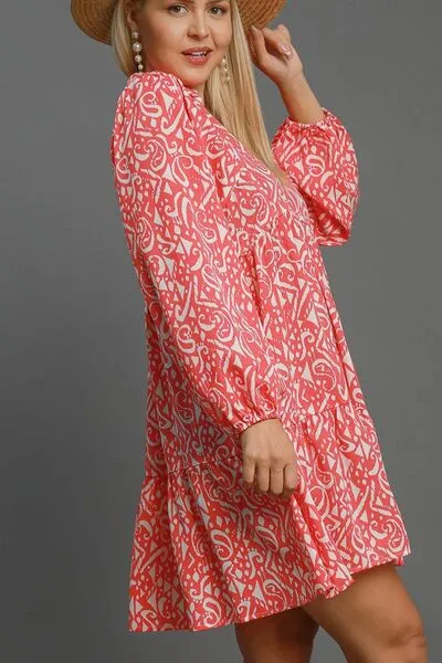 Coral Color Two Tone Print Balloon Sleeve Tiered Dress