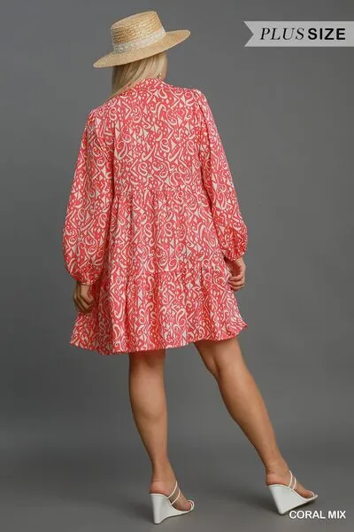 Coral Color Two Tone Print Balloon Sleeve Tiered Dress