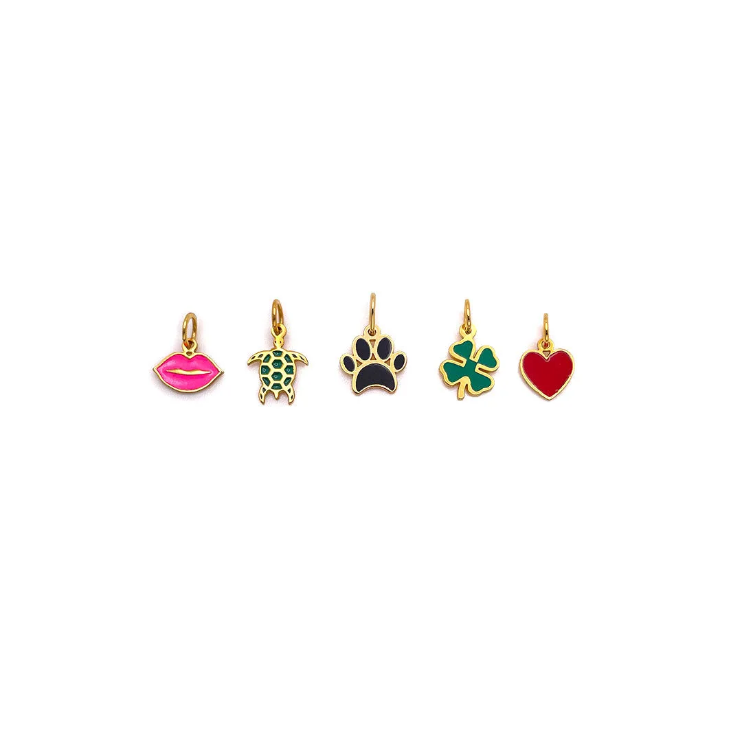 Custom 14k Gold Enamel MINI Charms - Lips, Heart, Paw Print, Turtle & Lucky Clover