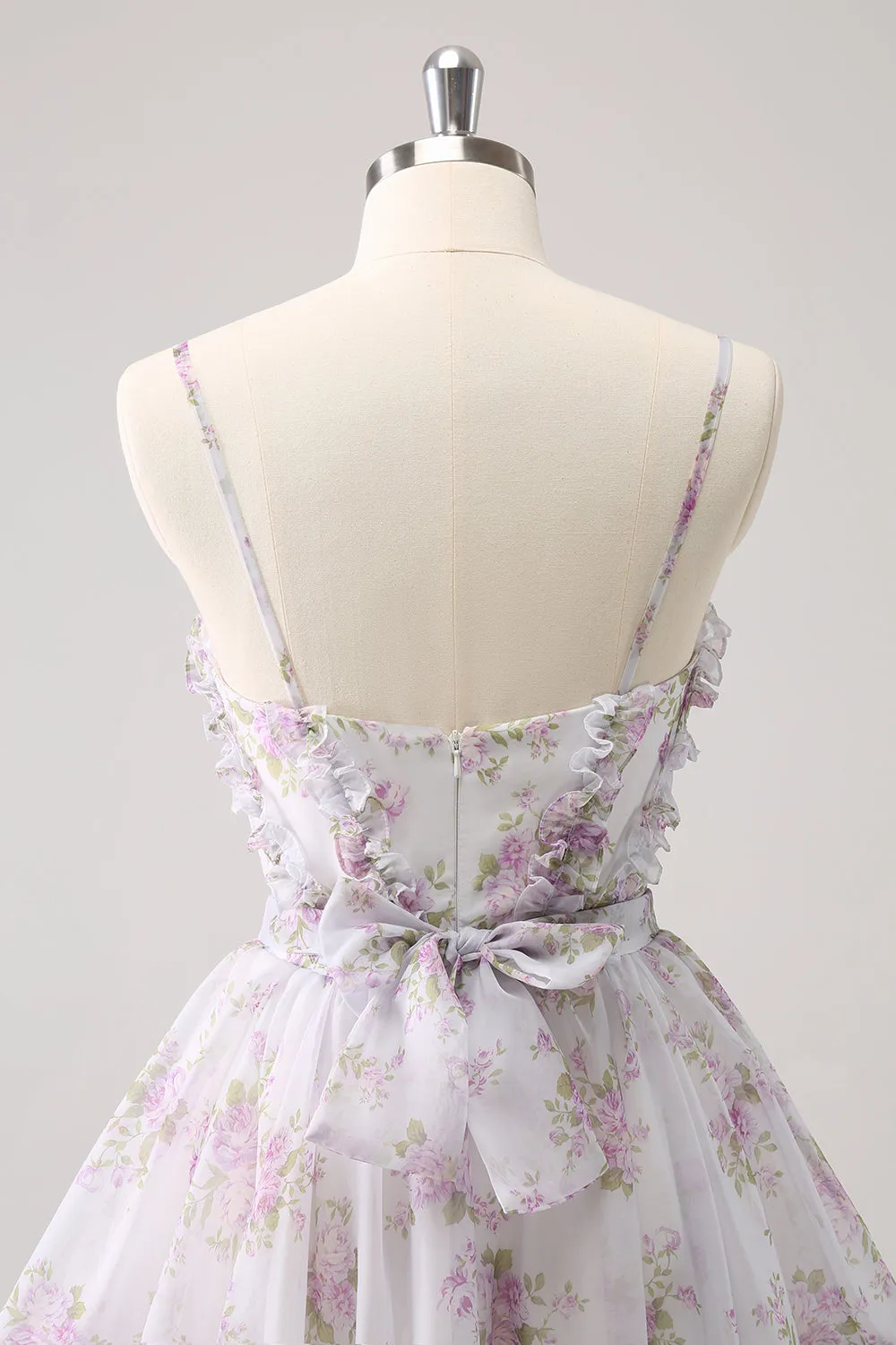 Cute Lilac A Line Cut Out Tiered Print Floral Homecoming Dress with Ruffles