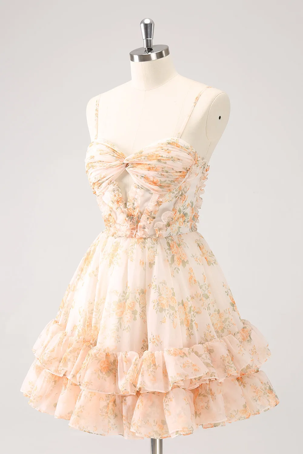 Cute Lilac A Line Cut Out Tiered Print Floral Homecoming Dress with Ruffles